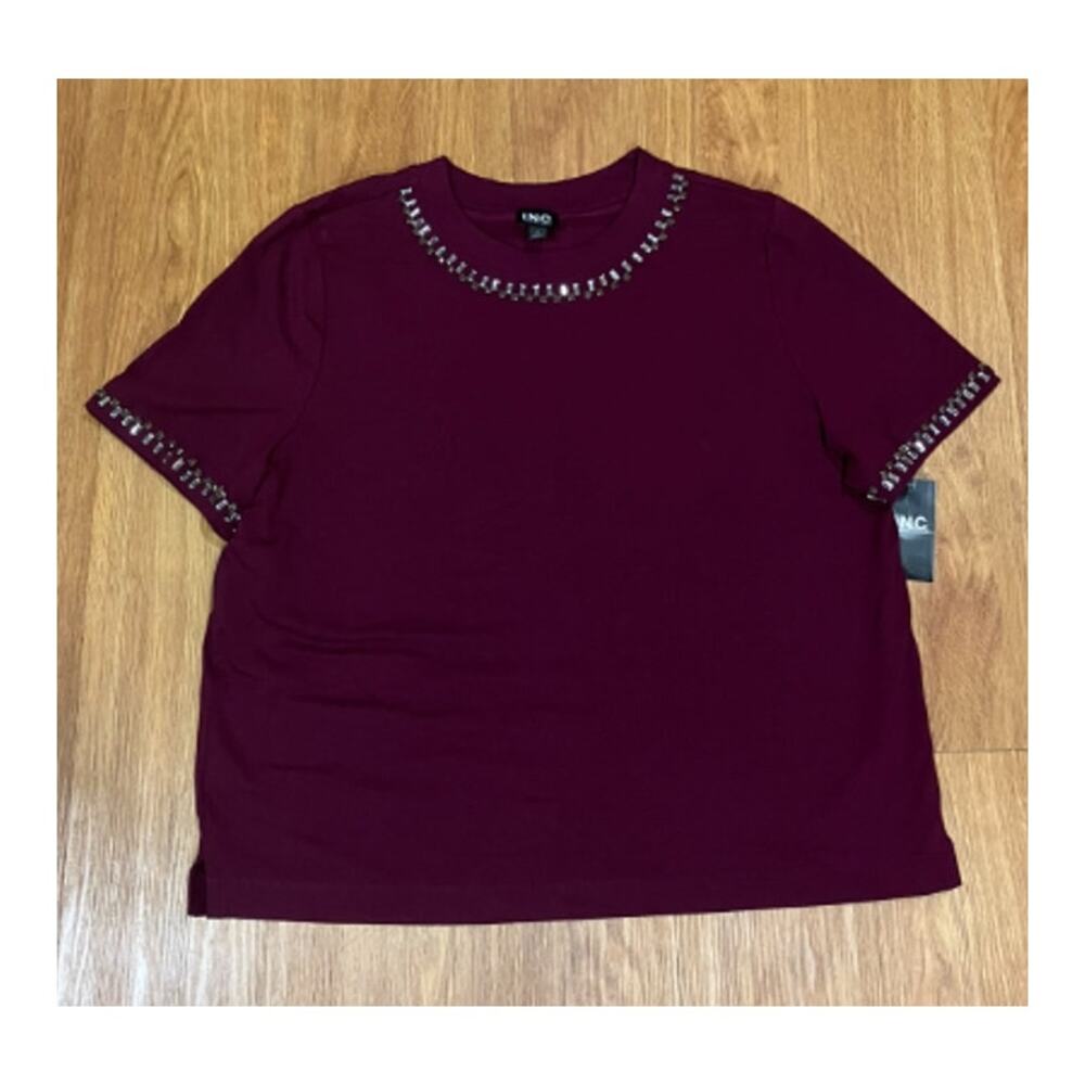 I.N.C. Women's Embellished T-Shirt New Maroon Size L